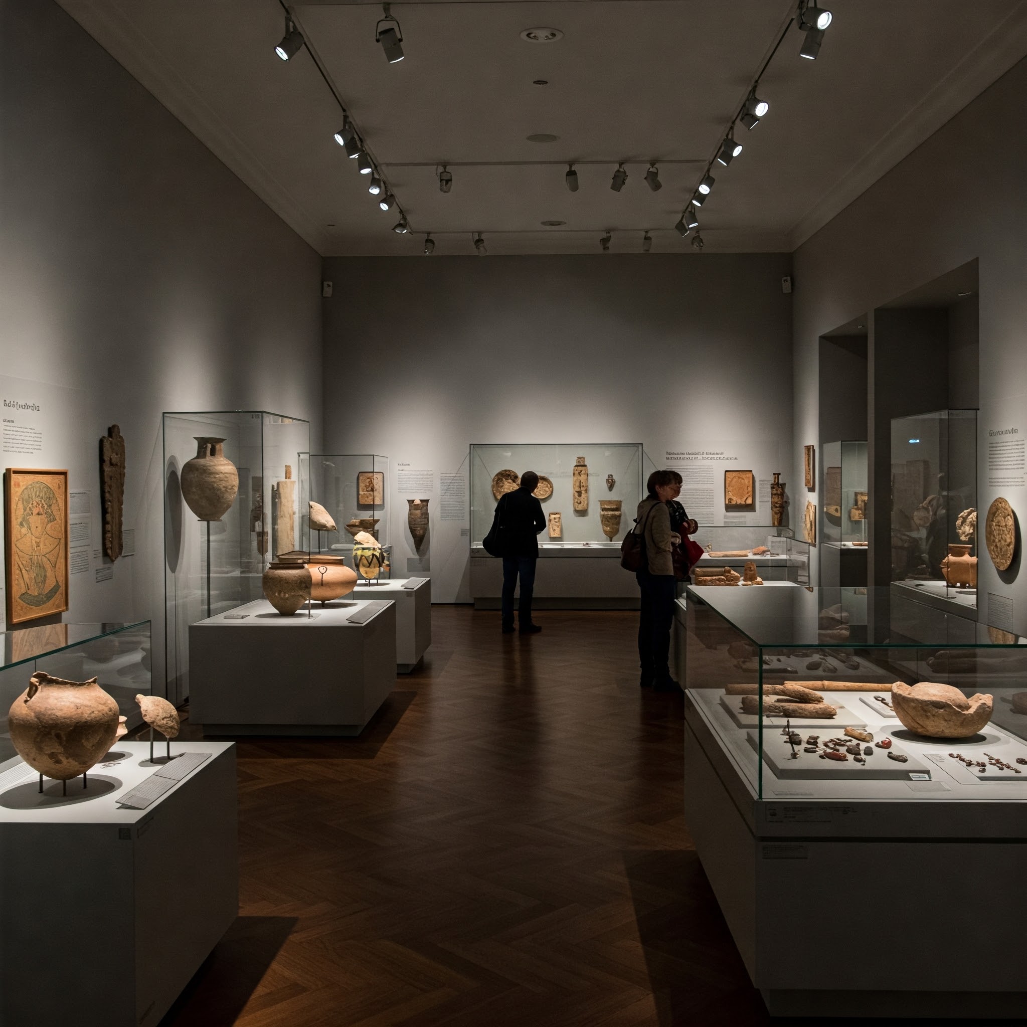 A wide shot of a museum gallery with glass display cases containing various artifacts. Three people stand looking at the displays. The gallery has a high ceiling with track lighting, and the floor is made of dark wood.