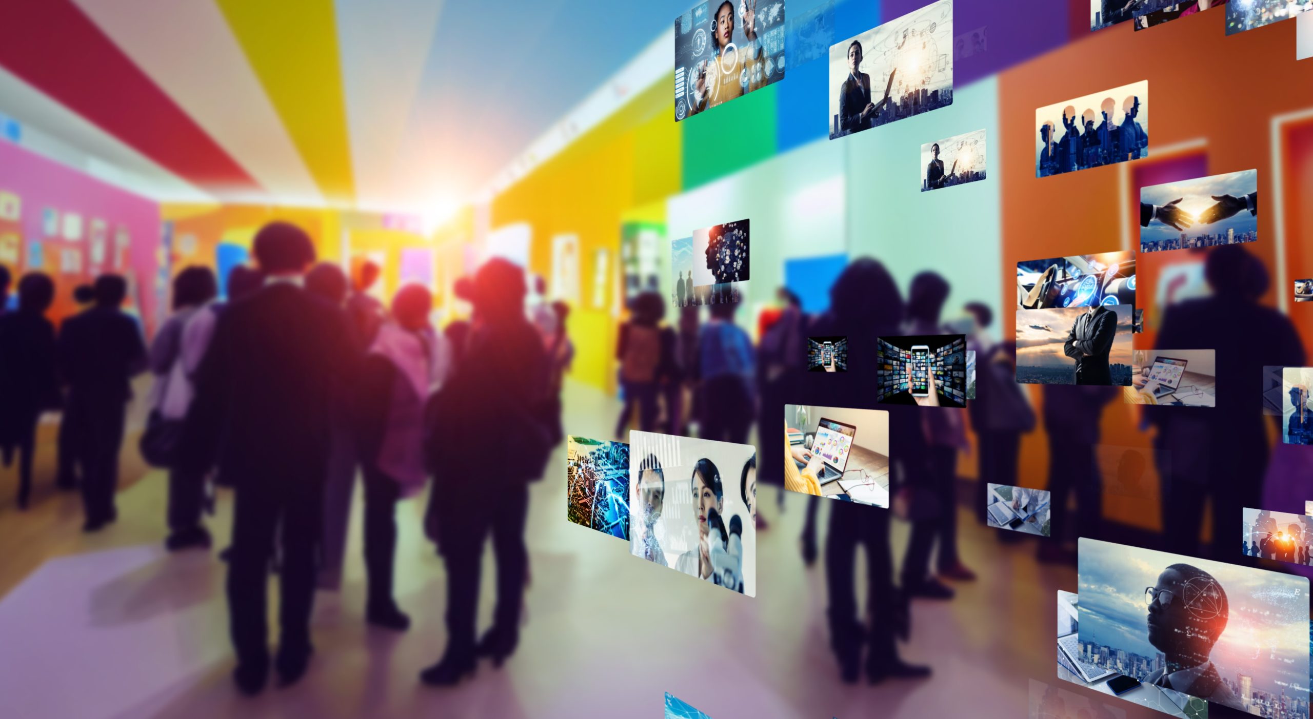 A digitally enhanced image of a futuristic exhibition or networking event with a crowd of people in a brightly lit space featuring colorful walls. Floating digital screens displaying images related to technology, business, and innovation are scattered throughout the scene, creating an immersive, high-tech atmosphere. The attendees appear to be engaged in discussions or exploring the displays. The setting suggests a modern digital or tech-focused event