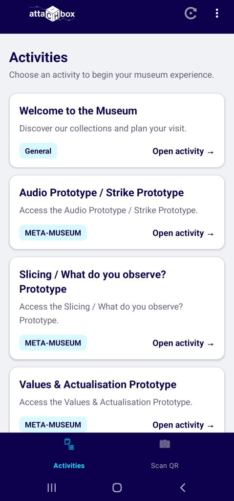 attaCHbox Activities screen: a scrollable list of activity cards (Welcome to the Museum, Audio Prototype / Strike Prototype, Slicing / What do you observe?, Values & Actualisation), each with a programme tag and an "Open activity" link; the bottom bar shows the Activities and Scan QR tabs.