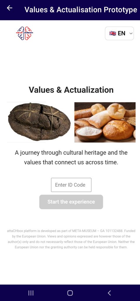 Landing screen of the Values & Actualisation activity, with photos of an ancient loaf of bread and modern bread rolls, an "Enter ID Code" field, a greyed-out start button and the EU funding statement in small print.