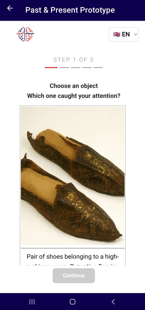 Past & Present, Step 1 of 5, object gallery: a pair of Byzantine shoes that belonged to a high-ranking person.
