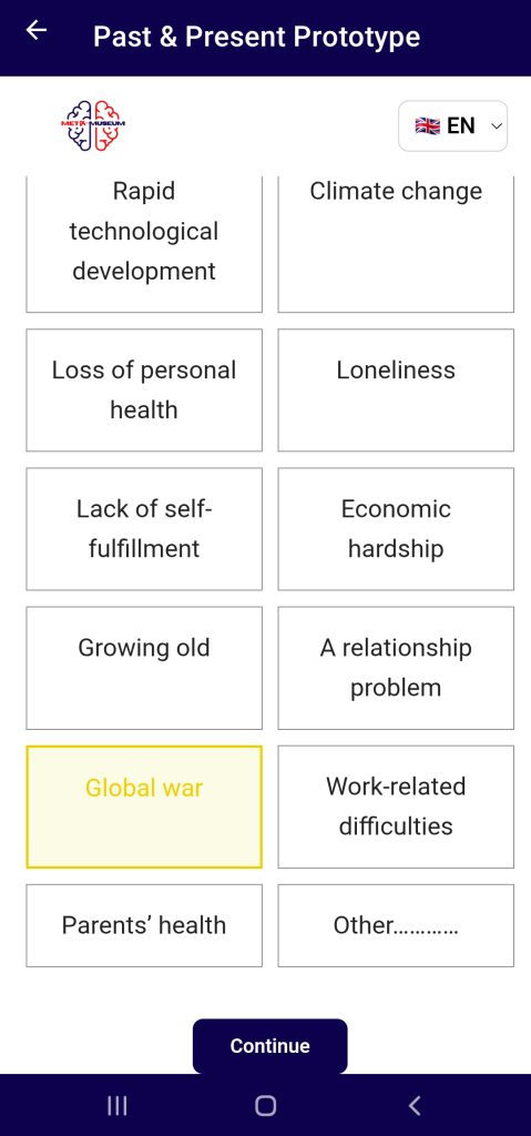Step 2 of 5 scrolled down: further concerns with "Global war" highlighted as the selection, plus parents' health, work-related difficulties and "Other…".