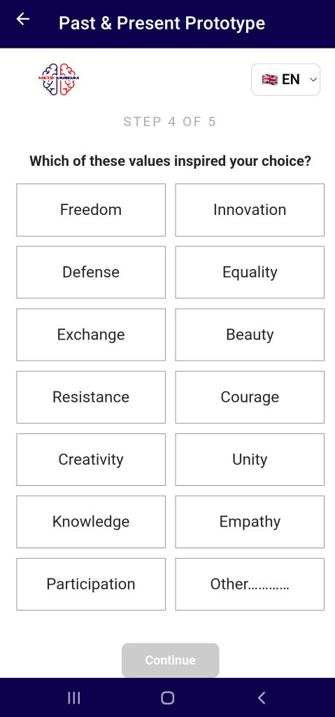 Step 4 of 5: a grid of values — Freedom, Innovation, Defense, Equality, Exchange, Beauty, Resistance, Courage, Creativity, Unity, Knowledge, Empathy, Participation and Other.