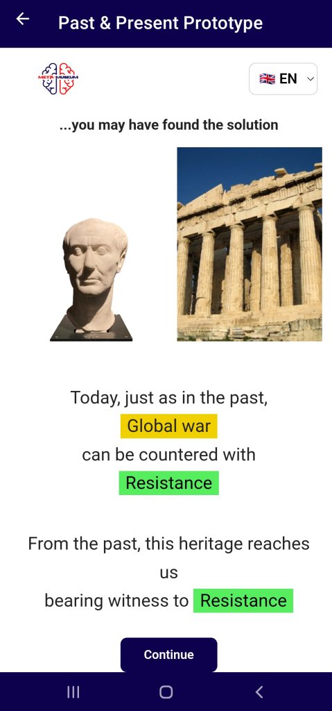 Result screen showing the bust of Julius Caesar and the Parthenon, with the pairing that global war can be countered with resistance, past and present alike.
