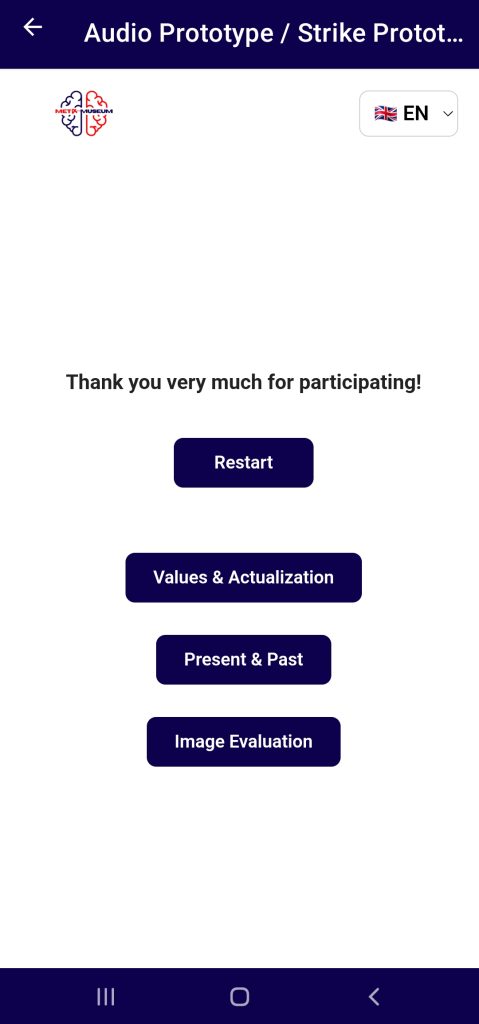 Closing screen of the Audio / Strike prototype: a thank-you message with a Restart button and shortcuts to Values & Actualization, Present & Past and Image Evaluation.