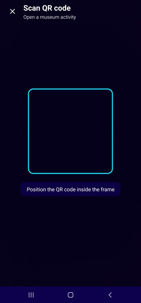 attaCHbox Scan QR code screen: a dark camera view with a bright cyan square frame in the centre and the instruction to position the QR code inside the frame.