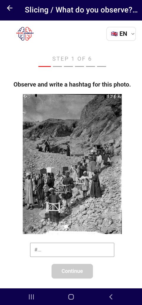 Step 1 of 6: a black-and-white archival photograph of workers standing on a rocky hillside carrying wooden crates, with a prompt to write a hashtag and an empty "#…" input field.
