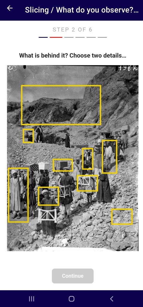Step 2 of 6: the same archival photograph overlaid with yellow rectangles marking individual details, under the instruction to choose two details.