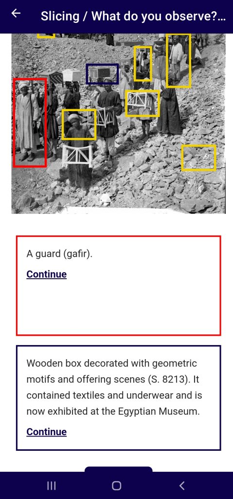Step 3 of 6: two chosen details expanded into captions — a guard (gafir), and a wooden box decorated with geometric motifs and offering scenes (S. 8213), now in the Egyptian Museum.