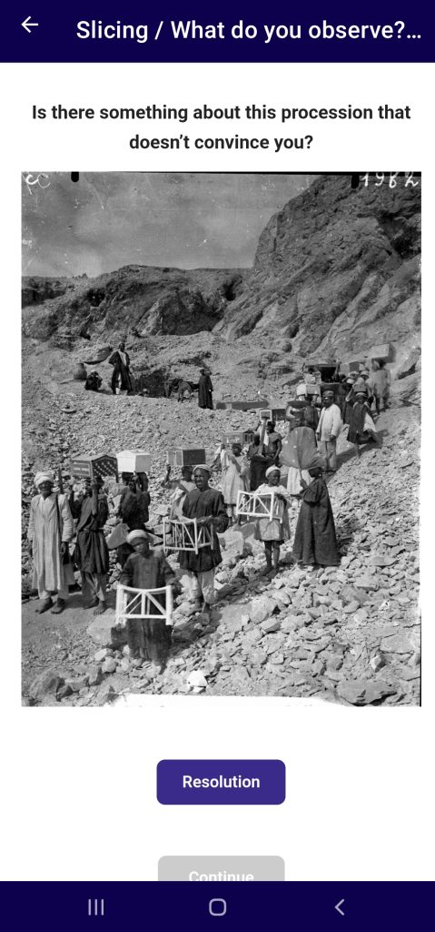 Question screen asking whether something about the procession is unconvincing, above the archival photograph, with a Resolution button.