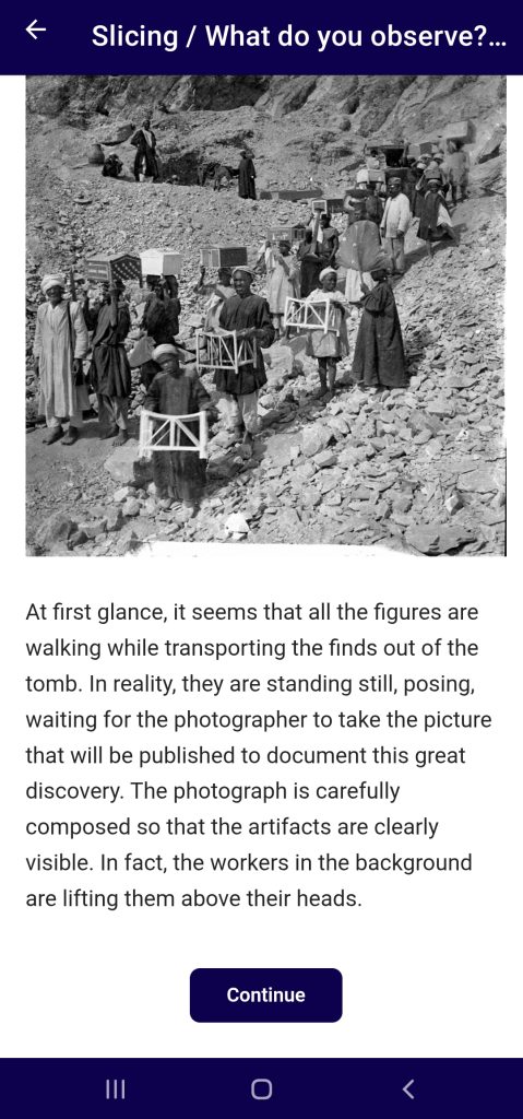Resolution screen: the photograph with an explanation that the figures are not walking but standing still, posing for a photograph staged so the artefacts are clearly visible.