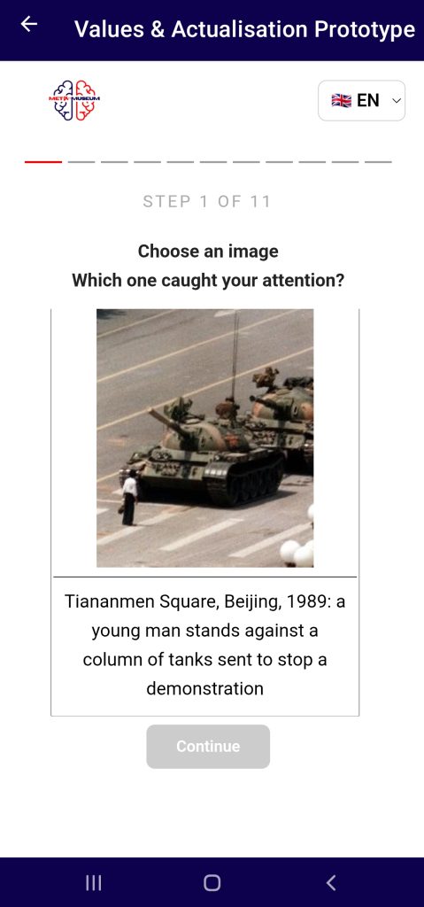 Step 1 of 11, image gallery: a man standing alone in front of a column of tanks, captioned Tiananmen Square, Beijing, 1989.