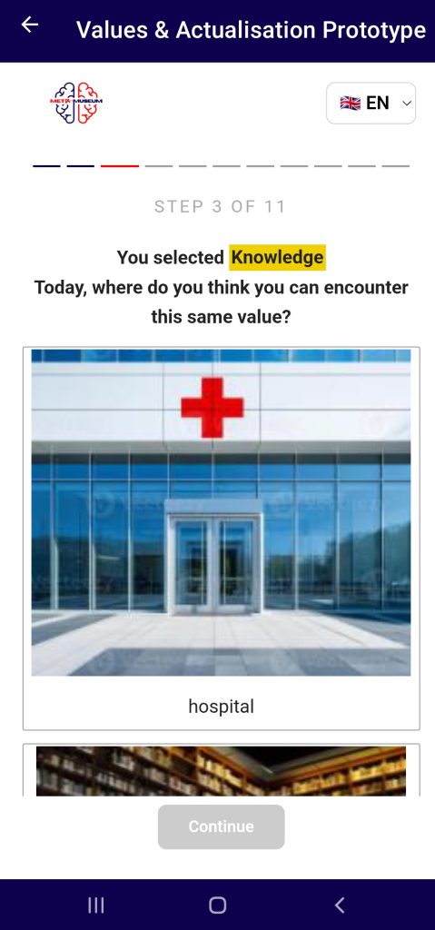 Step 3 of 11: asked where the value Knowledge can be met today, with a gallery of places showing a glass hospital entrance marked with a red cross.