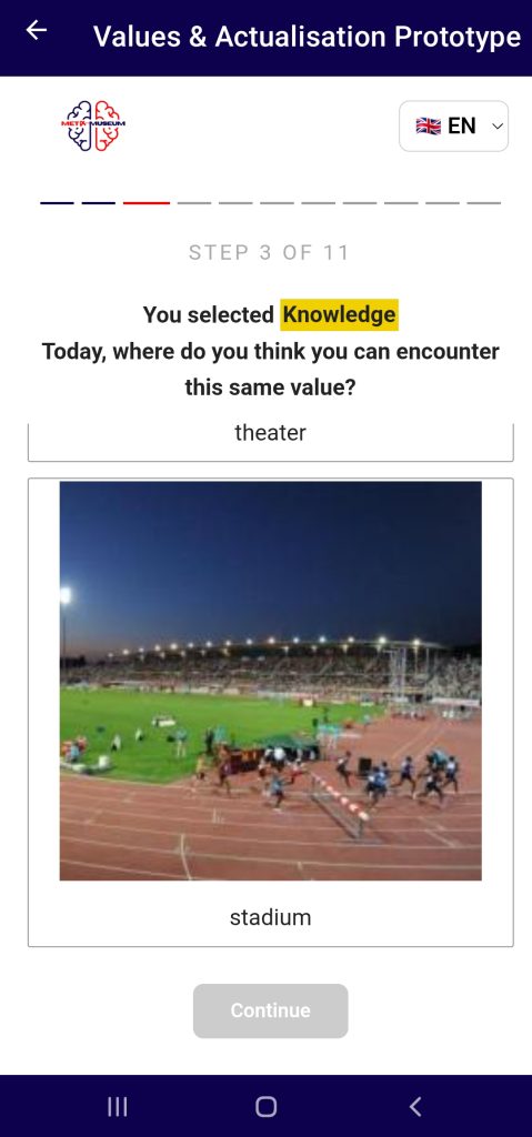 Step 3 of 11 scrolled further: place options continue with "theater" and a floodlit athletics stadium labelled "stadium".