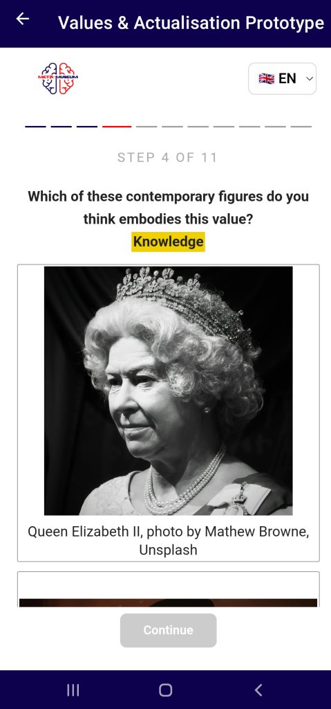 Step 4 of 11: contemporary figures who embody Knowledge, showing a black-and-white portrait of Queen Elizabeth II credited to Mathew Browne, Unsplash.