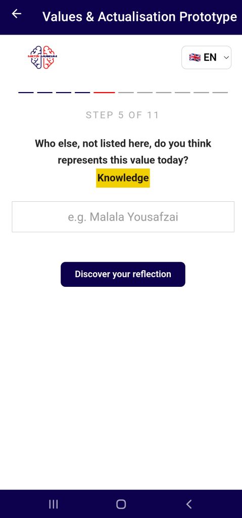 Step 5 of 11: a free-text field with the placeholder "e.g. Malala Yousafzai" and a "Discover your reflection" button.