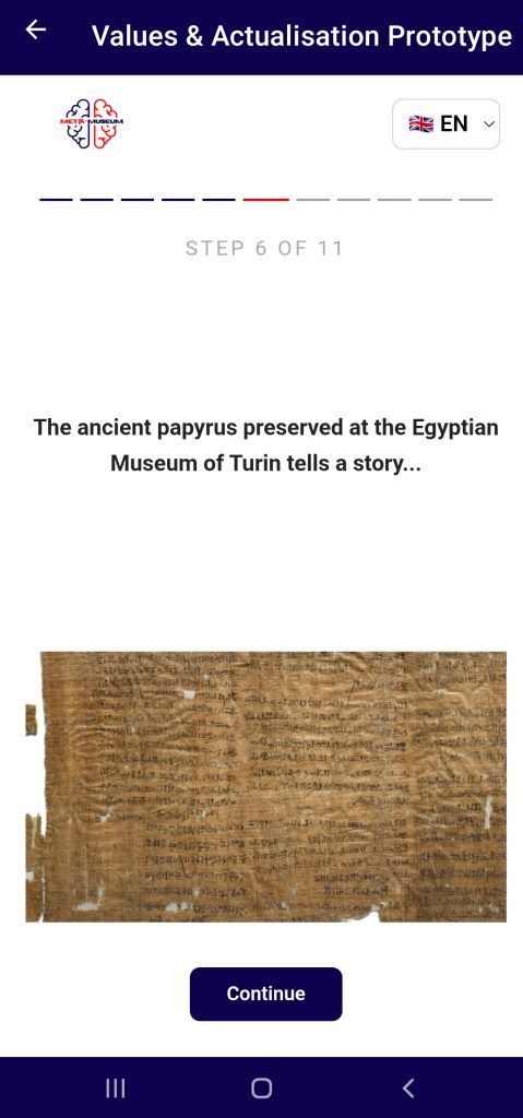 Step 6 of 11: introduction to the papyrus preserved at the Egyptian Museum of Turin, above a photograph of a papyrus covered in dense hieratic script.