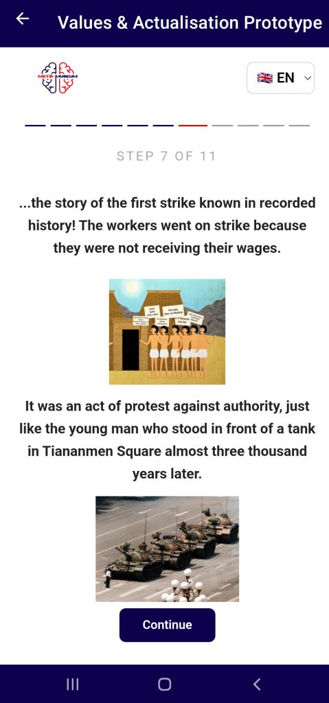 Step 7 of 11: illustration of ancient Egyptian workers holding protest placards, with text on the first strike known in recorded history, alongside the Tiananmen Square tank photograph.