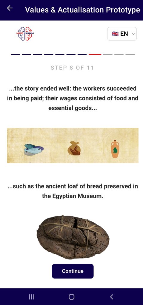 Step 8 of 11: painted papyrus illustration of food and vessels, with text explaining the workers were paid in food and essential goods such as the ancient loaf of bread shown below.