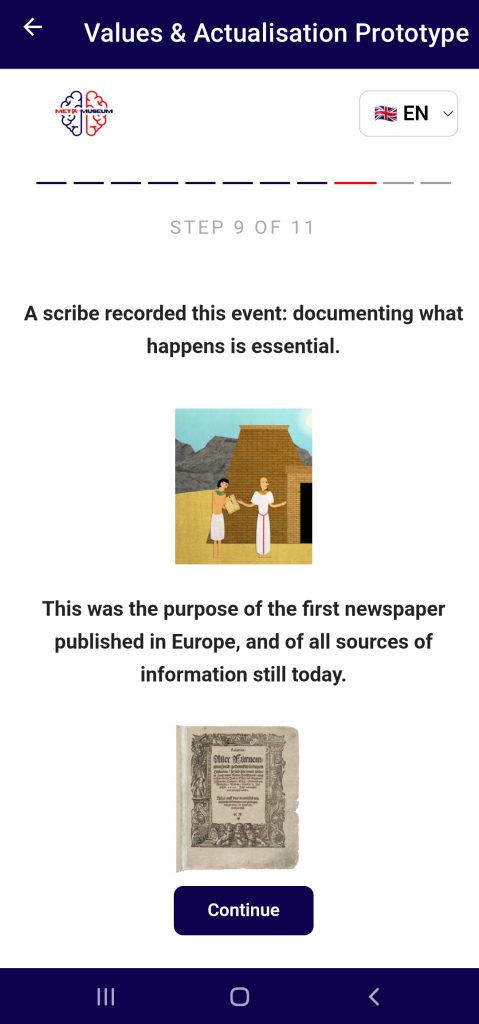 Step 9 of 11: illustration of an Egyptian scribe recording events, with text on the importance of documentation, above the 1609 newspaper title page.