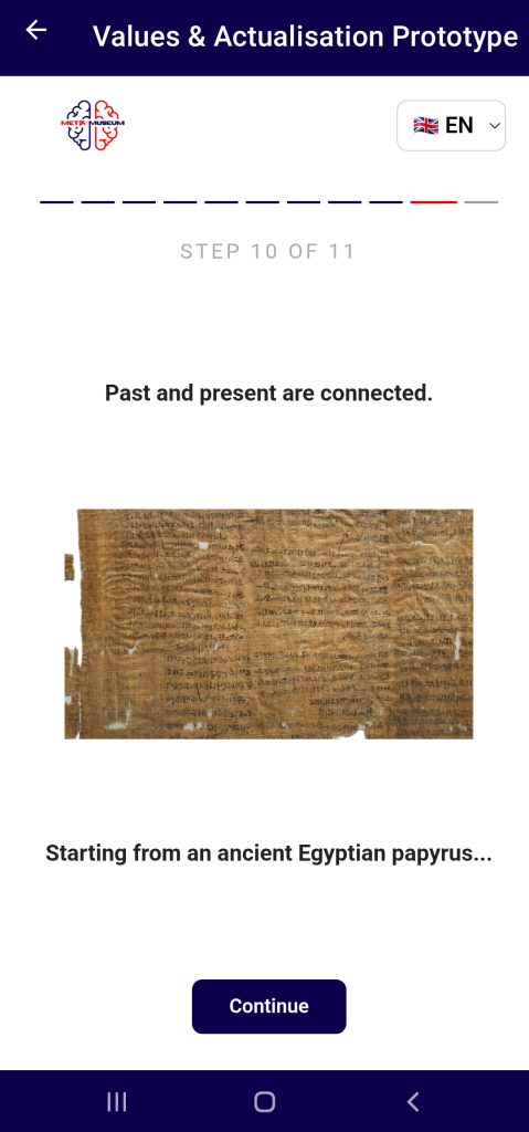 Step 10 of 11: the statement that past and present are connected, starting from an ancient Egyptian papyrus, with a photograph of the papyrus.