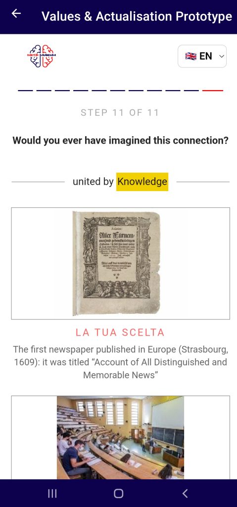 Step 11 of 11 summary: the elements united by Knowledge, beginning with the visitor's own choice (LA TUA SCELTA) — the 1609 newspaper.