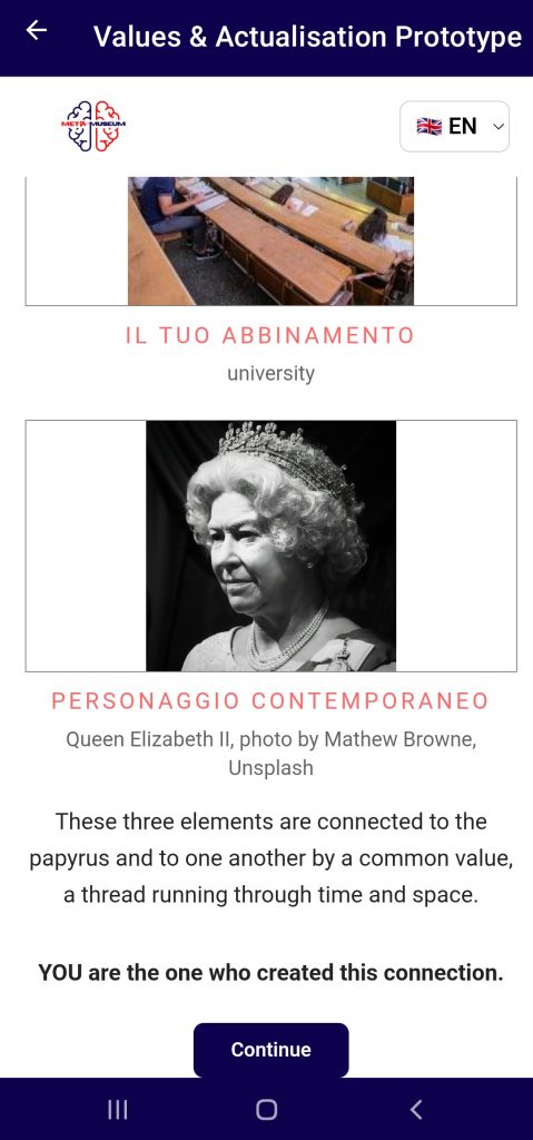 Summary continued: the matched present-day place (university) and contemporary figure (Queen Elizabeth II), closing with the line that the visitor created this connection.